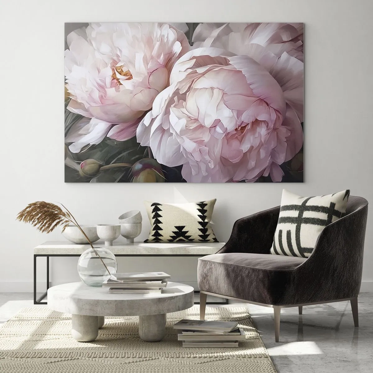Obraz na skle - Jemné pivonky v svetloružovom odtieni zblízka - 70x50cm - Uchytené v rozkvete - Moderná nástenná dekorácia do obývacej izby a spálne ARTTOR
