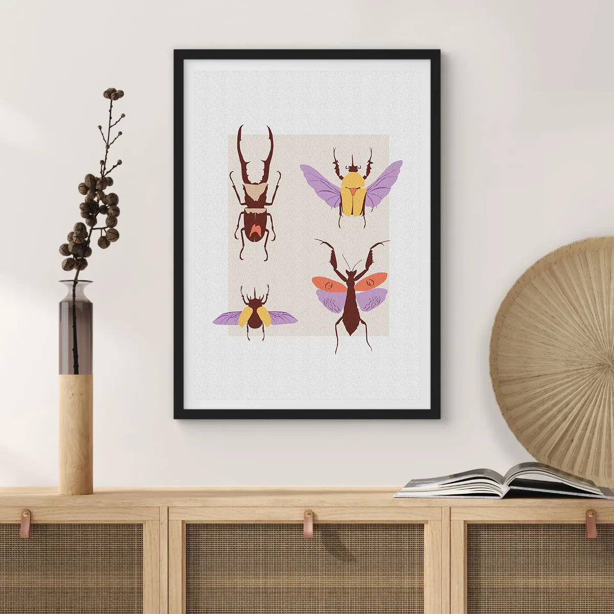 Plagát v čiernom ráme - Farebné chrobáky na svetlom pozadí - 50x70cm - Hmyzí svet - Moderná nástenná dekorácia do obývacej izby a spálne ARTTOR