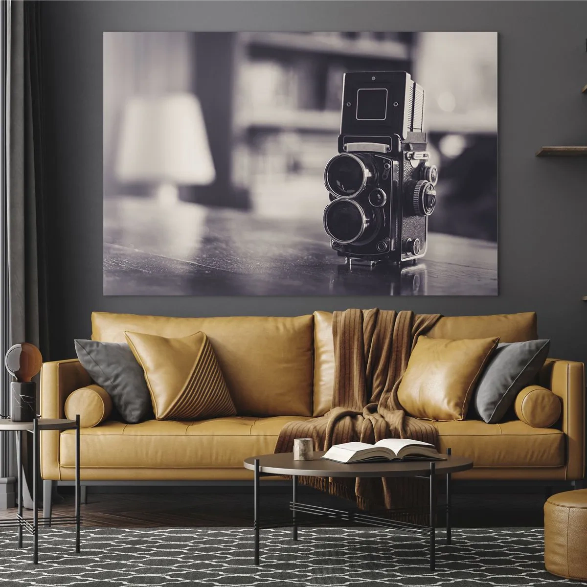 Obraz na skle - Čiernobiela fotografia starožitného fotoaparátu - 70x50cm - Kúzlo starej fotografie - Moderná nástenná dekorácia do obývacej izby a spálne ARTTOR
