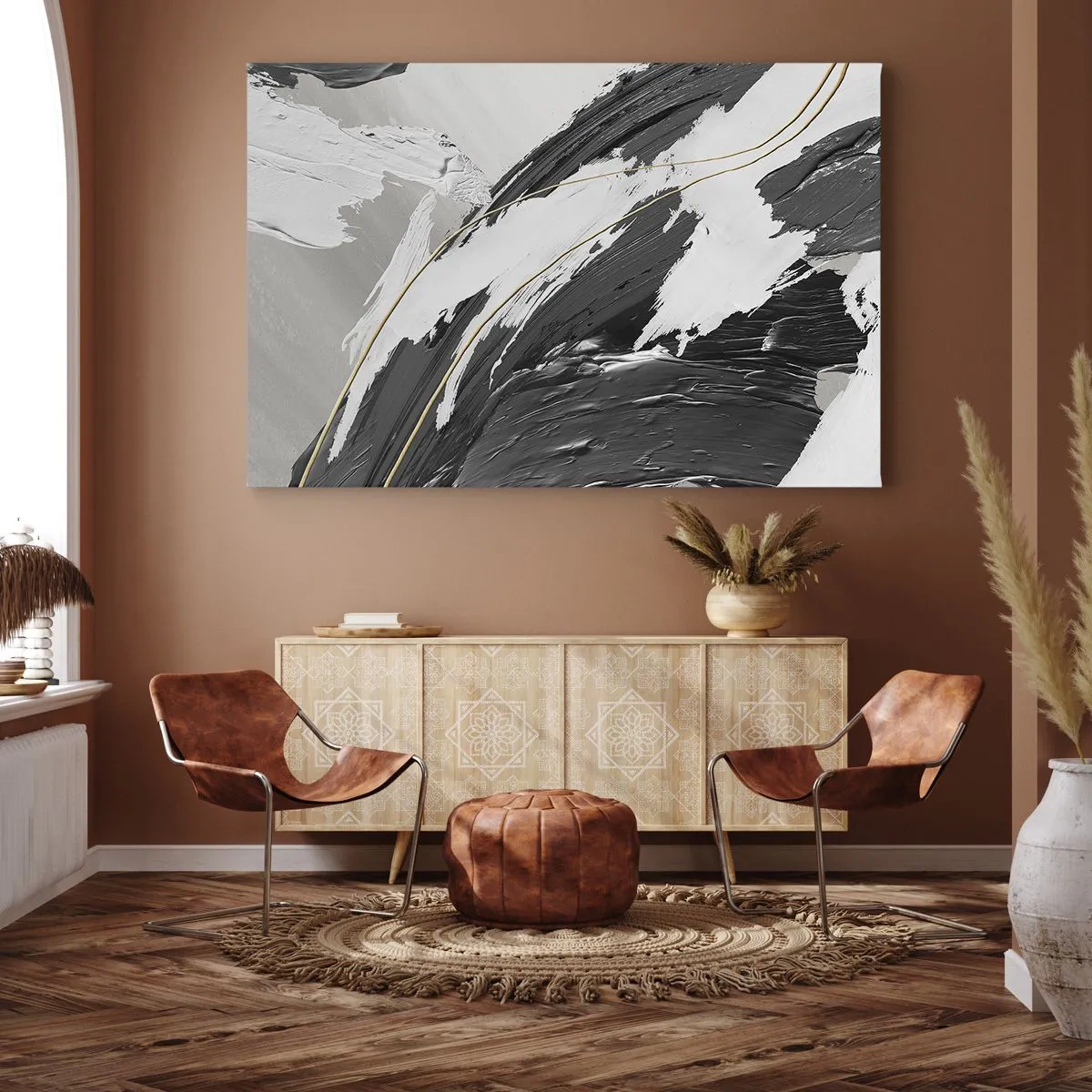 Obraz na plátne - Čiernobiele ťahy farby s jemným zlatým akcentom - 70x50cm - Veľkorysá abstrakcia - Moderná nástenná dekorácia do obývacej izby a spálne ARTTOR