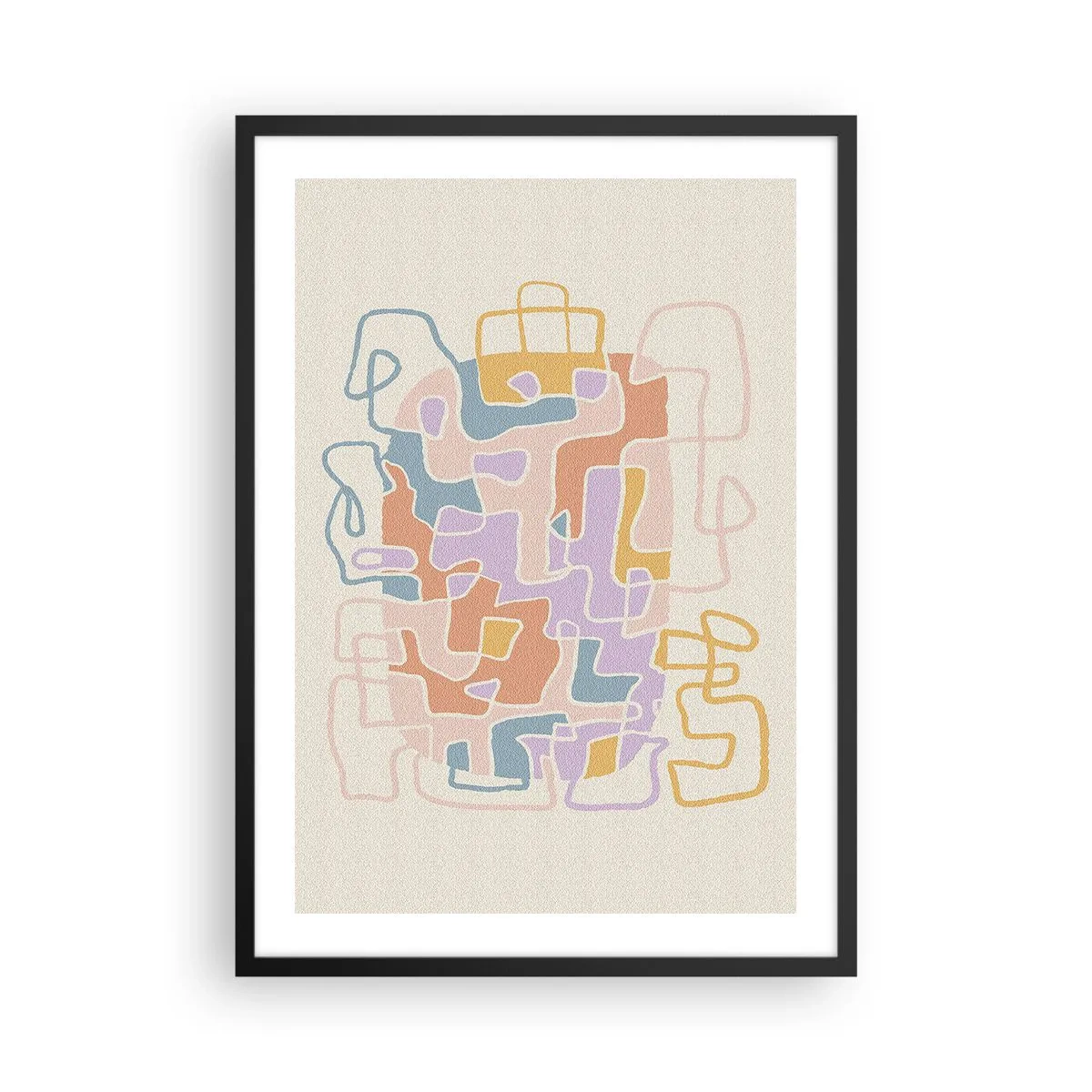 Plagát v čiernom ráme - Farebná abstrakcia s nepravidelnými čiarami na svetlom pozadí - 50x70cm - Labyrint – veselé dobrodružstvo - Moderná nástenná dekorácia do obývacej izby a spálne ARTTOR