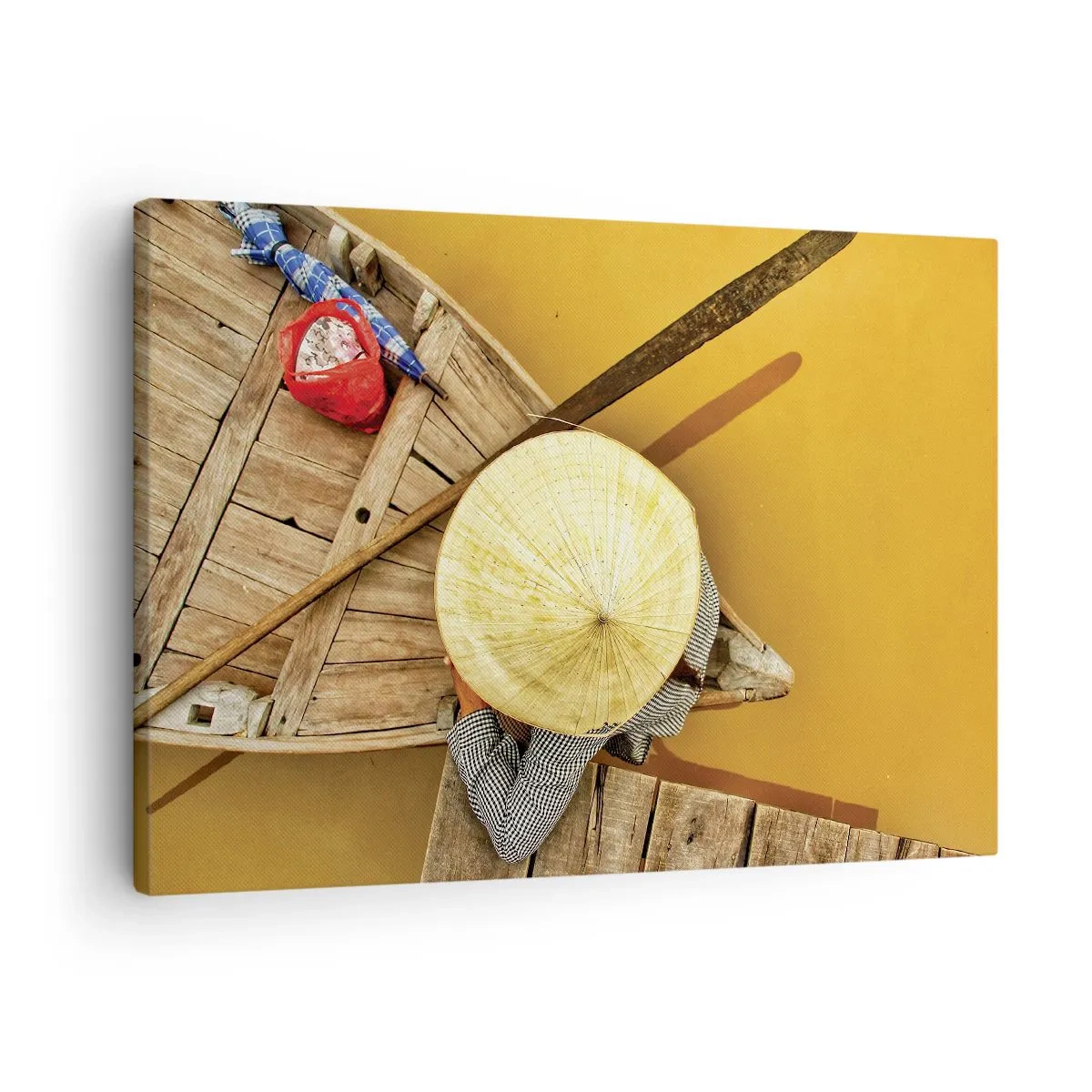Obraz na plátne - Tradičná loď z vtáčej perspektívy - 70x50cm - Život na žltej rieke - Moderná nástenná dekorácia do obývacej izby a spálne ARTTOR