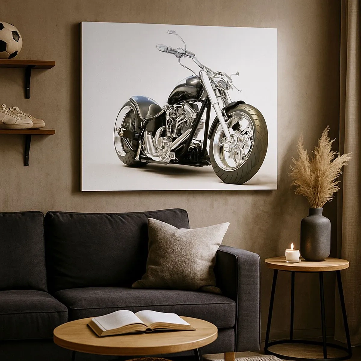 Obraz na plátne - Štýlový čierny motocykel na bielom pozadí - 70x50cm - Sila s charakterom - Moderná nástenná dekorácia do obývacej izby a spálne ARTTOR