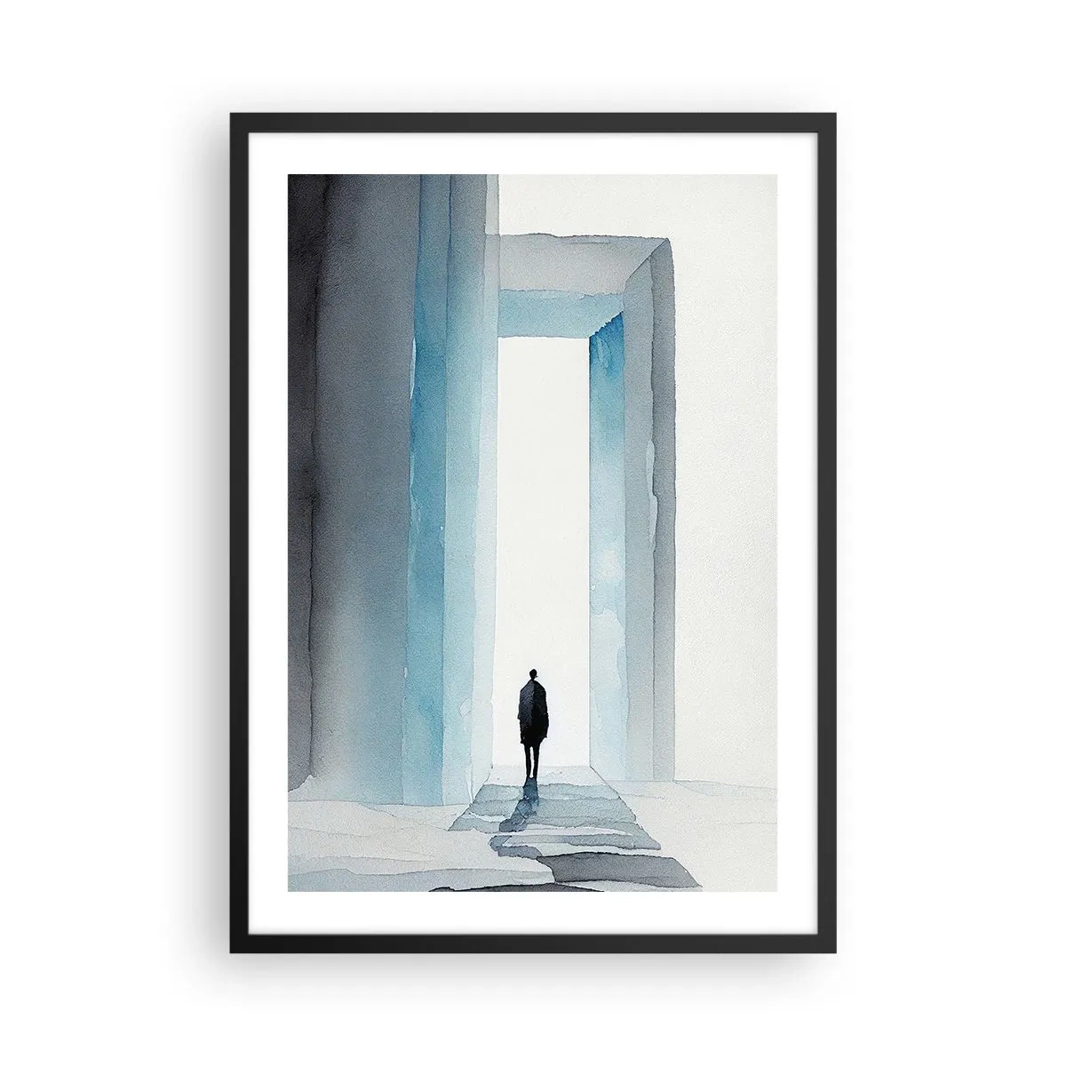 Plagát v čiernom ráme - Postava prechádzajúca modrou bránou symbolizujúca slobodu a neobmedzené možnosti - 50x70cm - Ži bez obmedzenia - Moderná nástenná dekorácia do obývacej izby a spálne ARTTOR