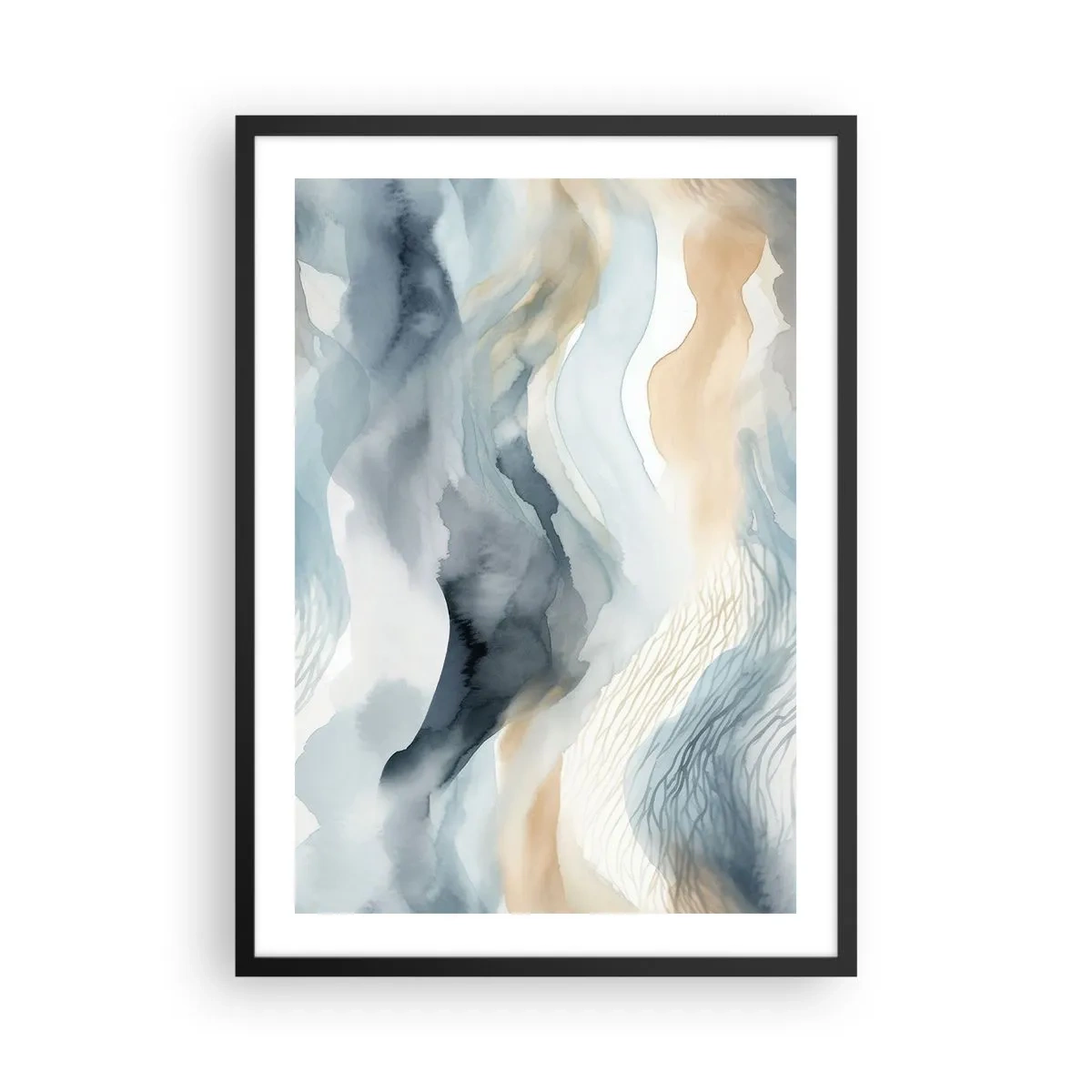 Plagát v čiernom ráme - Abstraktné vlny v odtieňoch béžovej a námorníckej modrej - 50x70cm - Abstrakcia snehu a hmly - Moderná nástenná dekorácia do obývacej izby a spálne ARTTOR