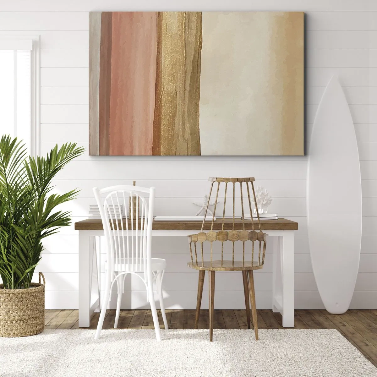 Obraz na plátne - Abstraktné pruhy v odtieňoch béžovej, zlatej a ružovej na plátne - 70x50cm - Vertikálna kompozícia - Moderná nástenná dekorácia do obývacej izby a spálne ARTTOR