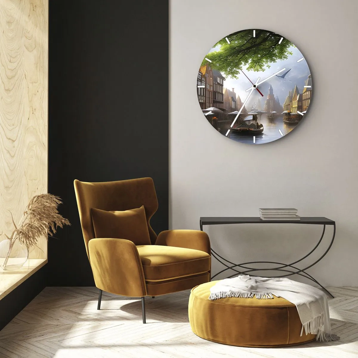 Nástenné hodiny - Vodný kanál s loďkami a historickými činžovnými domami - 30x30cm - Holandská mestská krajinka - Moderná nástenná dekorácia do obývacej izby, kuchyne a spálne ARTTOR