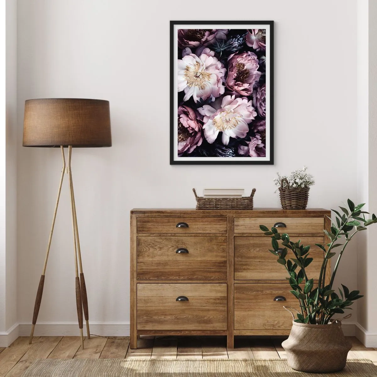 Plagát v čiernom ráme - Jemné kvety pivonky v tlmených farbách - 50x70cm - Kytica v starom štýle - Moderná nástenná dekorácia do obývacej izby a spálne ARTTOR