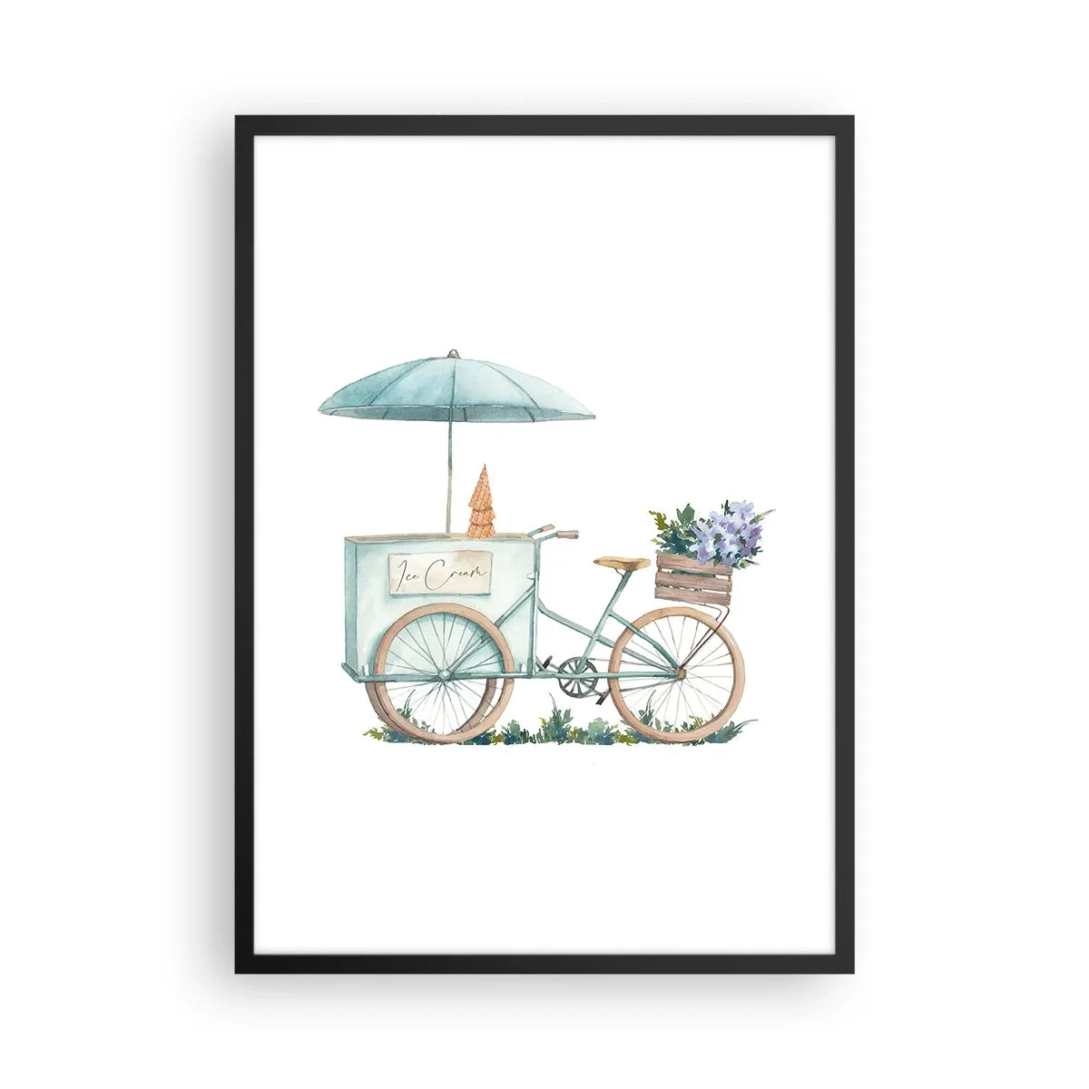 Plagát v čiernom ráme - Akvarelová ilustrácia bicykla so zmrzlinou a kvetmi. - 50x70cm - Sladká spomienka na leto - Moderná nástenná dekorácia do obývacej izby a spálne ARTTOR