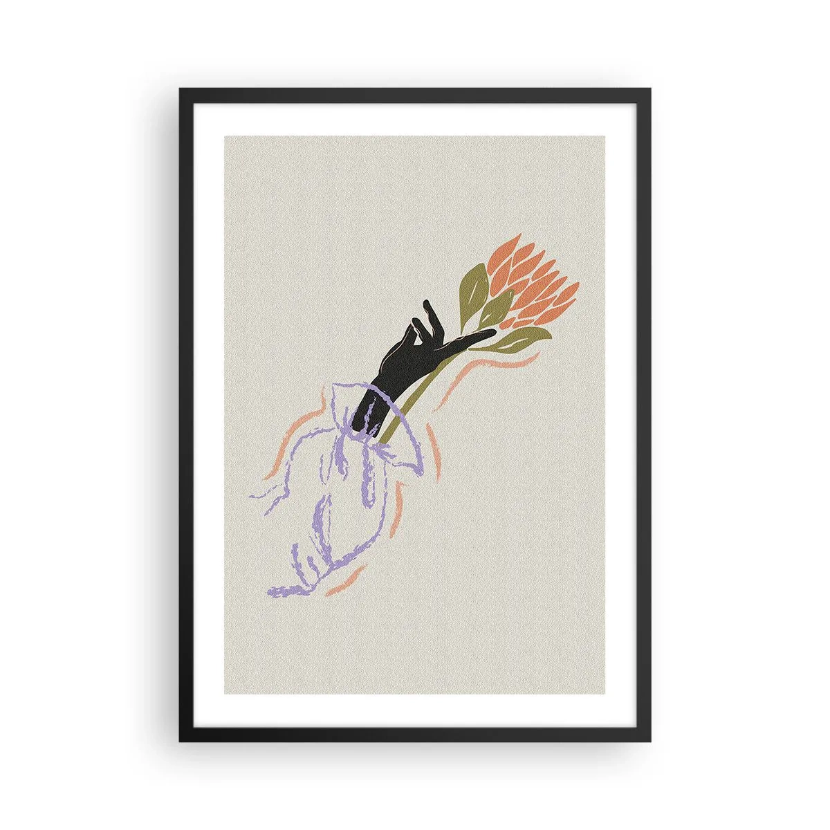 Plagát v čiernom ráme - Abstraktná kresba ruky držiacej kyticu kvetov - 50x70cm - Sesterský dotyk - Moderná nástenná dekorácia do obývacej izby a spálne ARTTOR