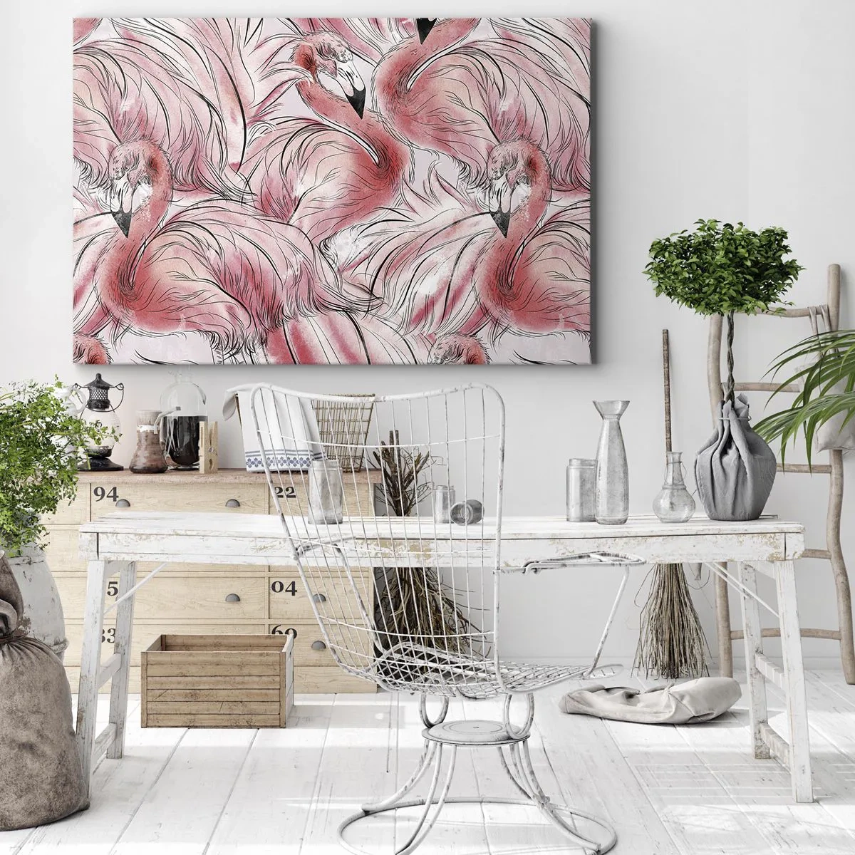 Obraz na plátne - Jemné kresby ružových plameniakov - 70x50cm - Vtáči corps de ballet - Moderná nástenná dekorácia do obývacej izby a spálne ARTTOR