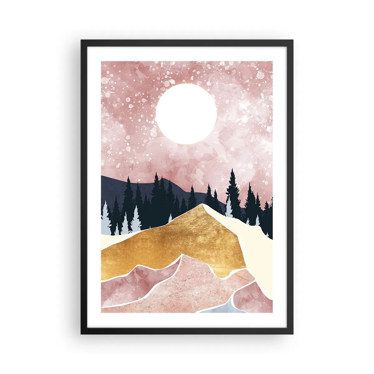 Plagát v čiernom ráme - Abstraktná krajina s lesom, horami a zlatými akcentmi - 50x70cm - Nočná hliadka - Moderná nástenná dekorácia do obývacej izby a spálne ARTTOR