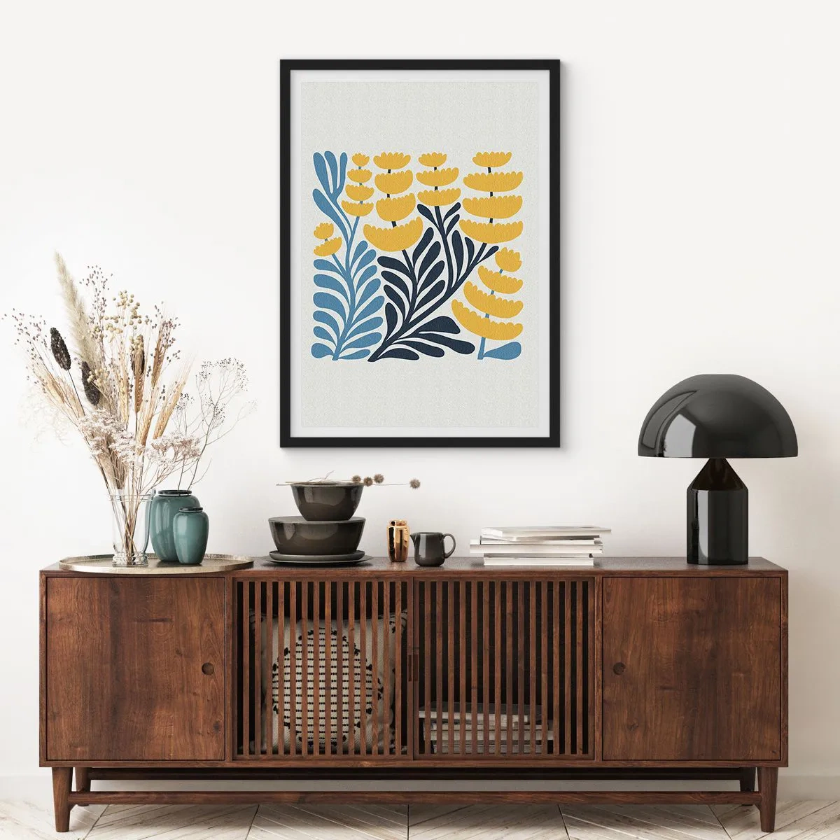 Plagát v čiernom ráme - Štylizované žlté a tmavomodré kvety v minimalistickom štýle - 50x70cm - Slnečný záhon - Moderná nástenná dekorácia do obývacej izby a spálne ARTTOR