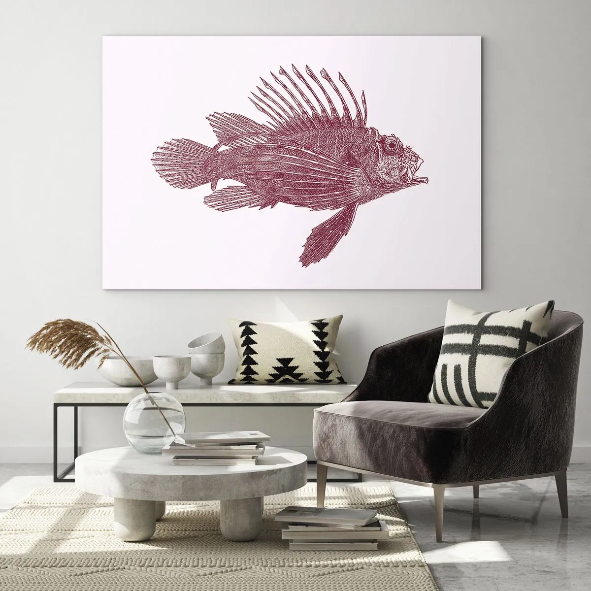Obraz na skle - Náčrt exotickej ryby v bordovej farbe na svetlom pozadí - 70x50cm - Obyvateľka exotických vôd - Moderná nástenná dekorácia do obývacej izby a spálne ARTTOR