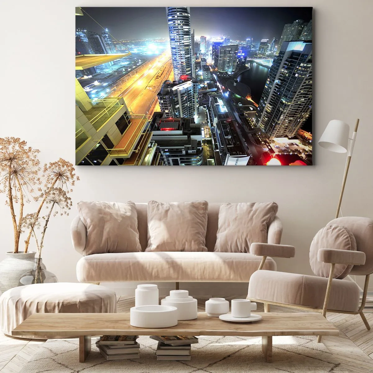 Obraz na plátne - Panoráma nočného mesta s osvetlenými mrakodrapmi - 70x50cm - Zázrak na púšti - Moderná nástenná dekorácia do obývacej izby a spálne ARTTOR