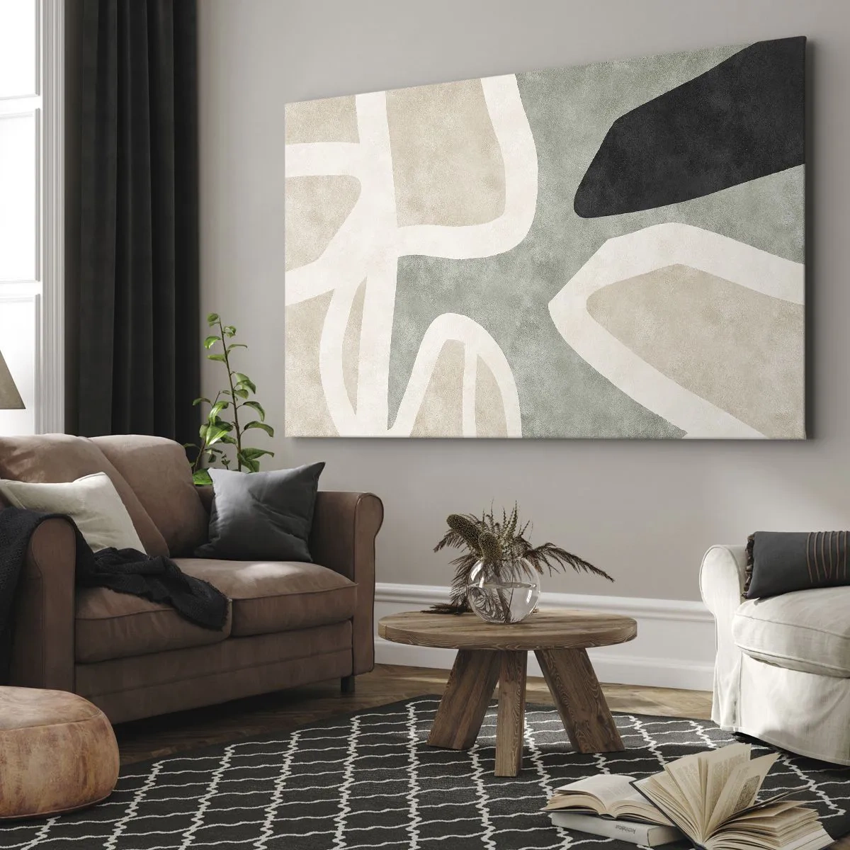 Obraz na plátne - Abstraktné tvary v tlmených farbách - 70x50cm - Kompozícia s čiernym motívom - Moderná nástenná dekorácia do obývacej izby a spálne ARTTOR