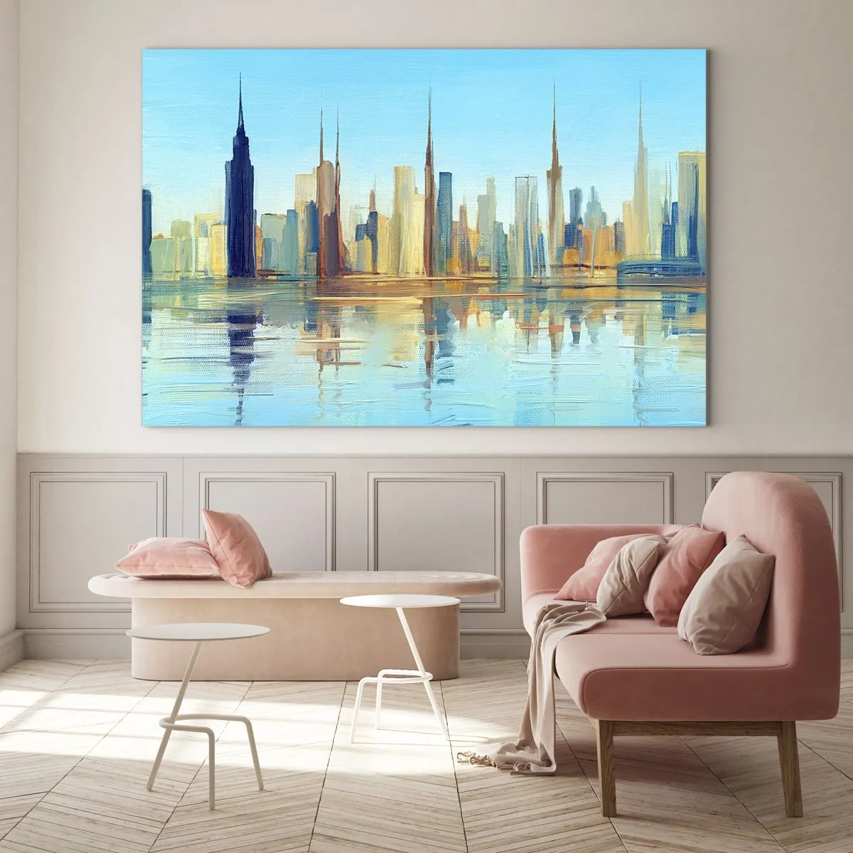 Obraz na skle - Panoráma metropoly odrážajúca sa vo vode pod modrou oblohou - 70x50cm - Slnečná metropola - Moderná nástenná dekorácia do obývacej izby a spálne ARTTOR
