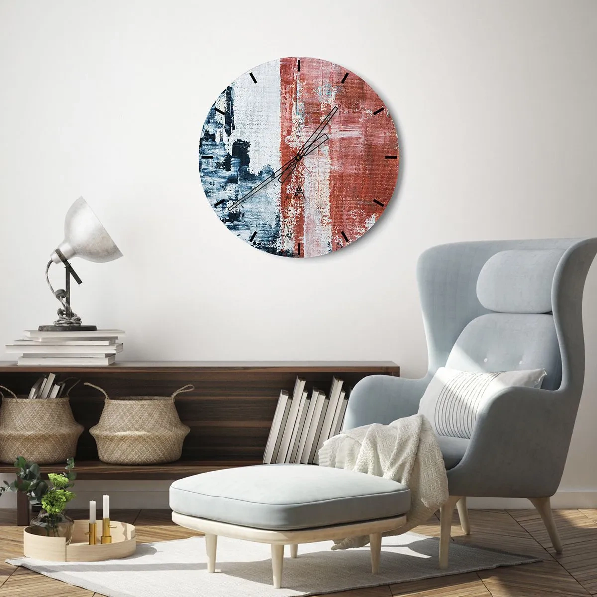 Nástenné hodiny - Abstraktná kompozícia v odtieňoch modrej a červenej - 30x30cm - Abstraktné pol na pol - Moderná nástenná dekorácia do obývacej izby, kuchyne a spálne ARTTOR