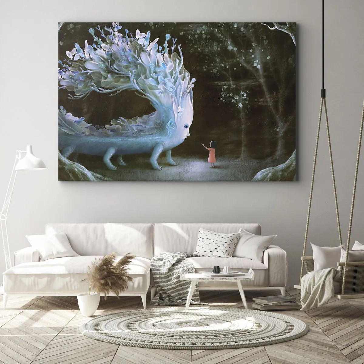 Obraz na plátne - Postava dievčaťa čeliacemu fantastickému stvoreniu - 70x50cm - Fantastické stretnutie - Moderná nástenná dekorácia do obývacej izby a spálne ARTTOR