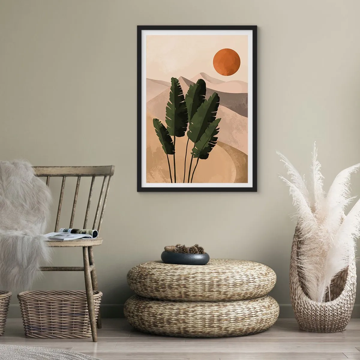 Plagát v čiernom ráme - Rastliny v púštnom prostredí so zapadajúcim slnkom, abstraktná krajina - 50x70cm - Triumf života - Moderná nástenná dekorácia do obývacej izby a spálne ARTTOR
