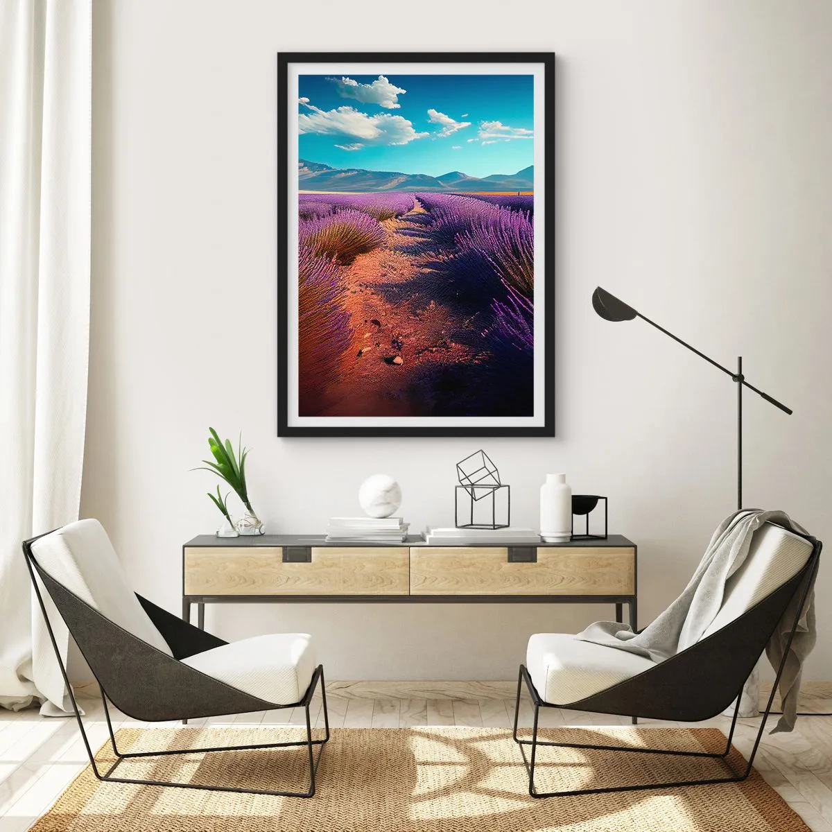 Plagát v čiernom ráme - Levanduľové pole pri západe slnka s horskou krajinou v pozadí - 50x70cm - Voňavé polia - Moderná nástenná dekorácia do obývacej izby a spálne ARTTOR