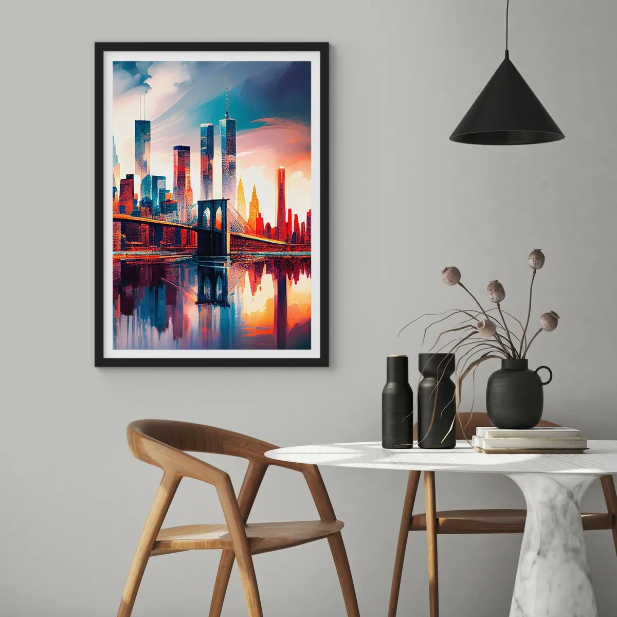 Plagát v čiernom ráme - Panoráma mesta s mostom a odrazom vo vode - 50x70cm - Famózny New York - Moderná nástenná dekorácia do obývacej izby a spálne ARTTOR