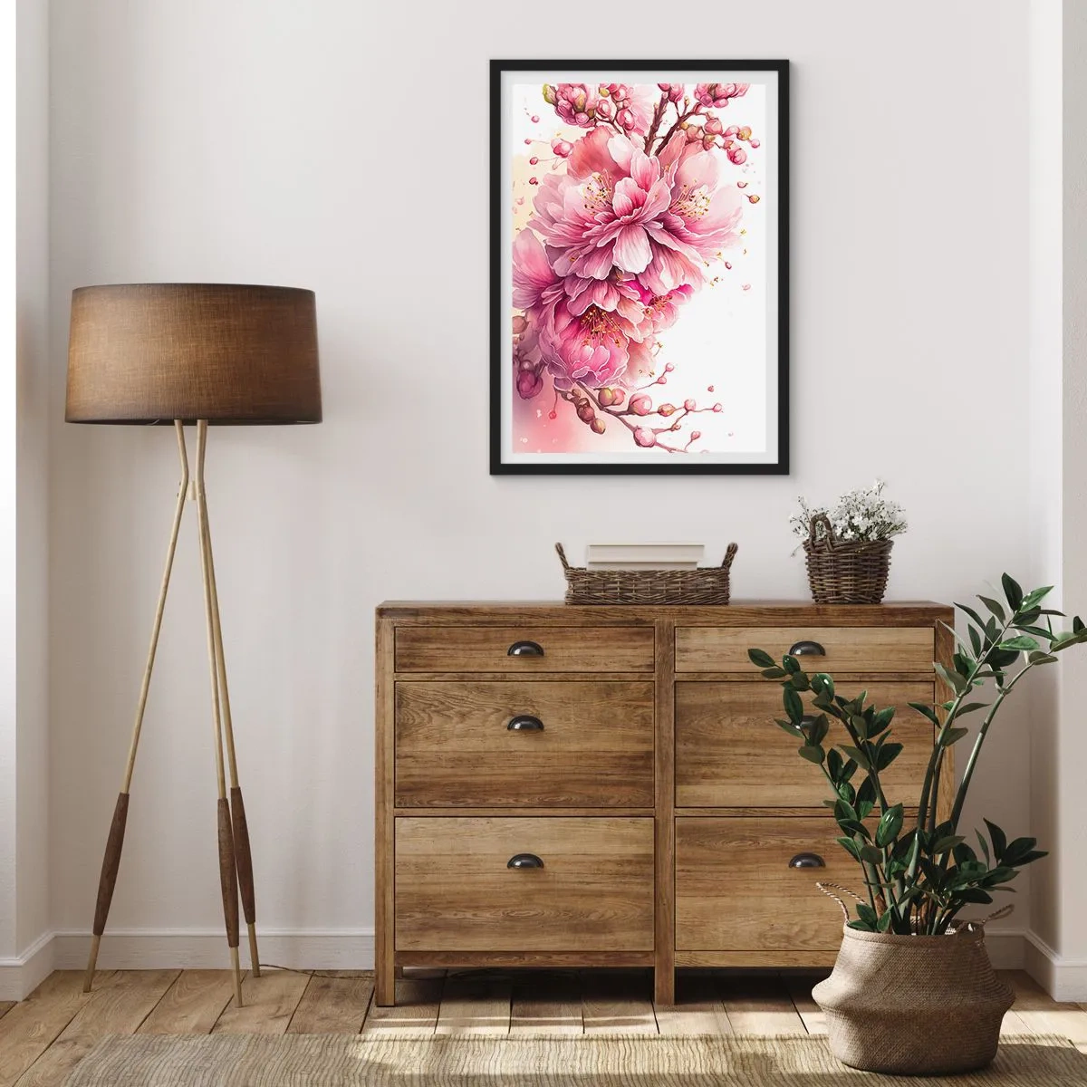 Plagát v čiernom ráme - Jemné ružové čerešňové kvety v plnom kvete na svetlom pozadí - 50x70cm - Kvet kvitnúcej čerešne - Moderná nástenná dekorácia do obývacej izby a spálne ARTTOR