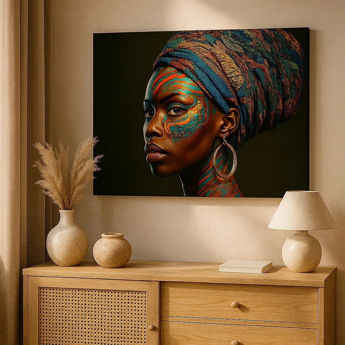 Obraz na plátne - Portrét ženy s farebným vzorom a turbanom - 70x50cm - Africká kráľovná - Moderná nástenná dekorácia do obývacej izby a spálne ARTTOR