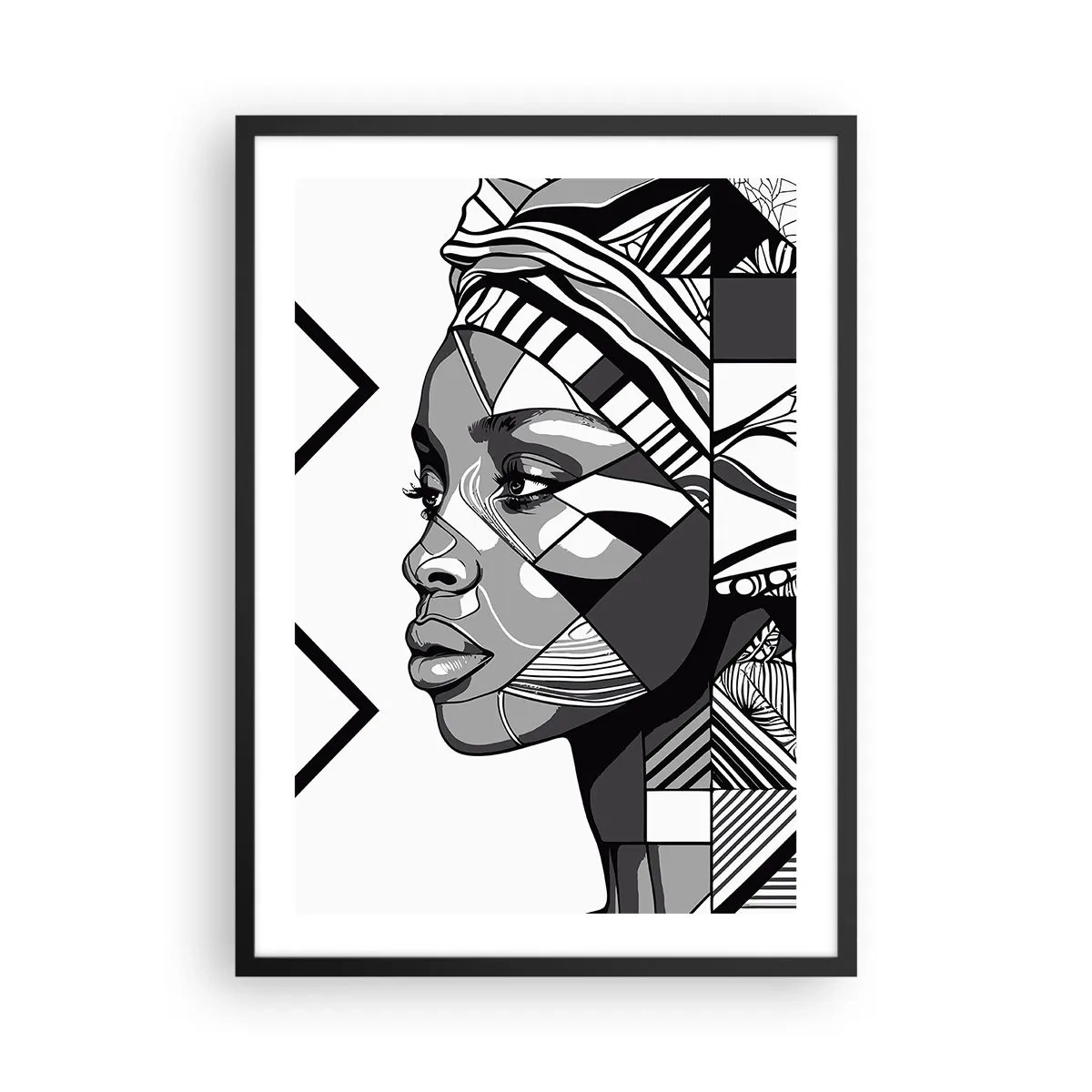 Plagát v čiernom ráme - Geometrický portrét ženy v čiernobielej farbe - 50x70cm - Etnický portrét - Moderná nástenná dekorácia do obývacej izby a spálne ARTTOR