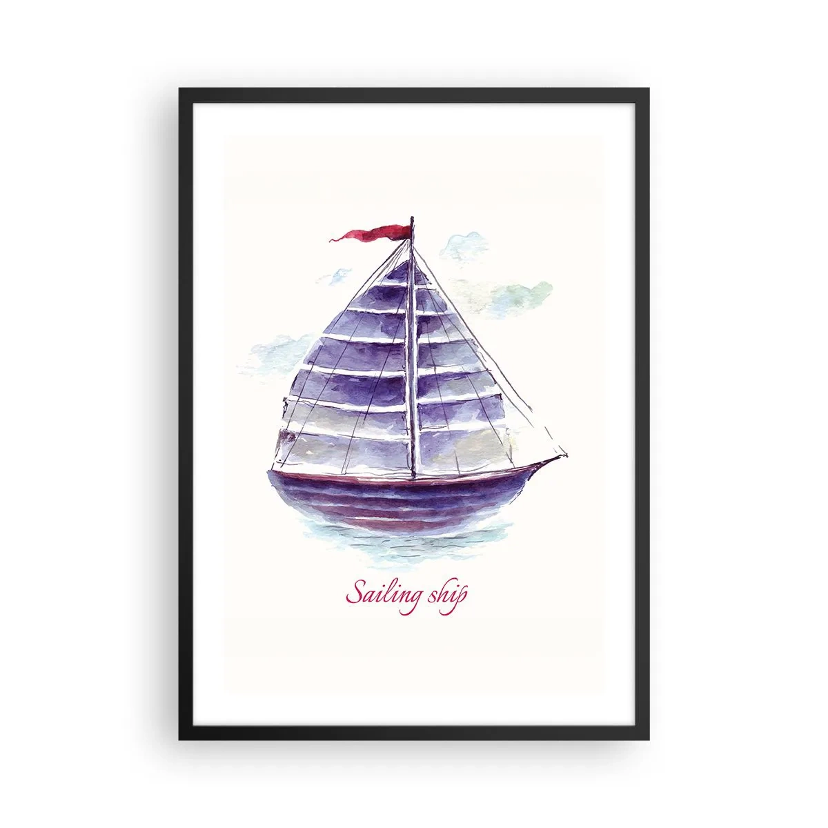 Plagát v čiernom ráme - Akvarelová ilustrácia plachetnice na pokojnej vode - 50x70cm - Napnuté plachty a pokojná voda - Moderná nástenná dekorácia do obývacej izby a spálne ARTTOR