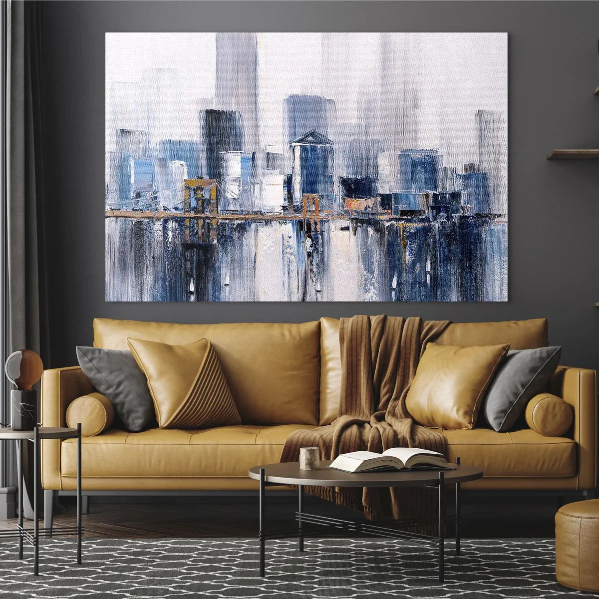 Obraz na skle - Abstraktná panoráma mesta s mrakodrapmi a mostom v chladných farbách - 70x50cm - Newyorská impresia - Moderná nástenná dekorácia do obývacej izby a spálne ARTTOR