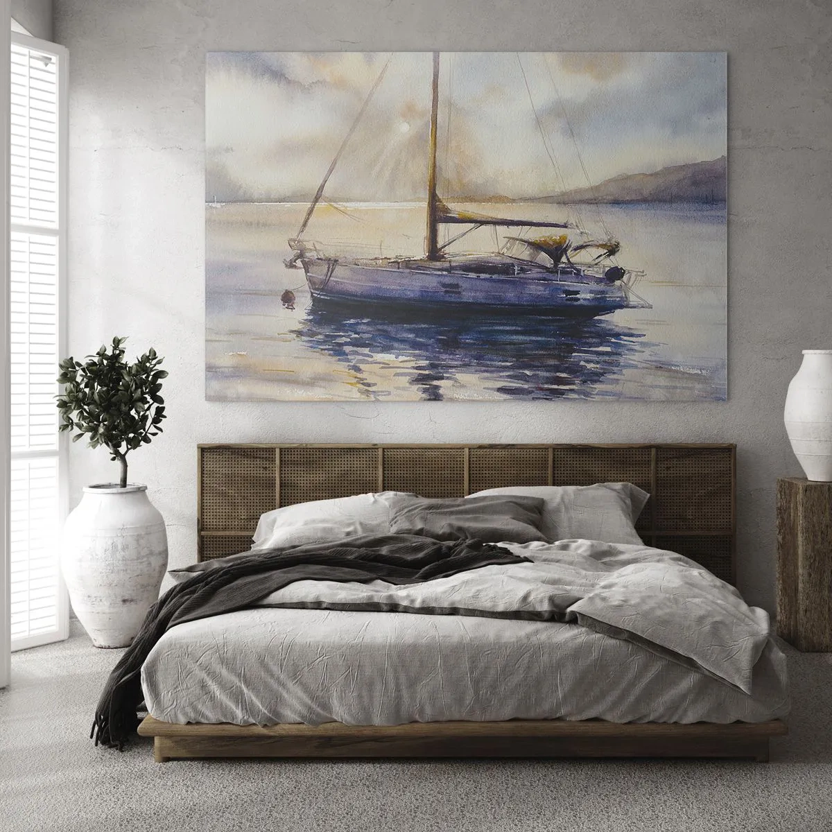 Obraz na skle - Jachta kotviaca v tichej zátoke za súmraku - 70x50cm - Večer v zátoke - Moderná nástenná dekorácia do obývacej izby a spálne ARTTOR