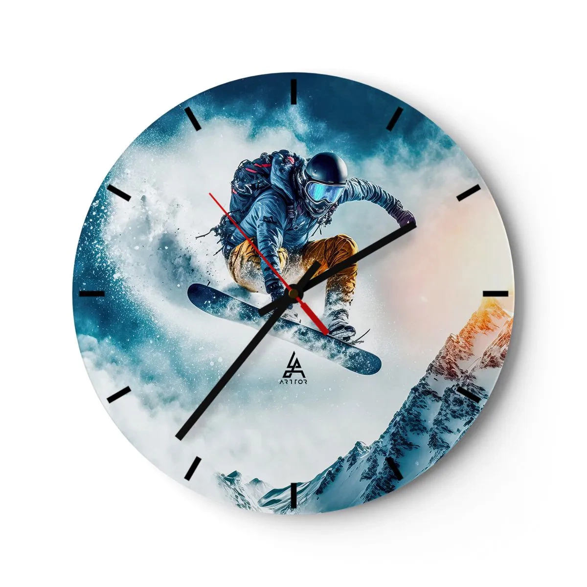Nástenné hodiny - Snowboardista za letu na pozadí hôr a snehovej búrky - 30x30cm - Extrémne emócie - Moderná nástenná dekorácia do obývacej izby, kuchyne a spálne ARTTOR