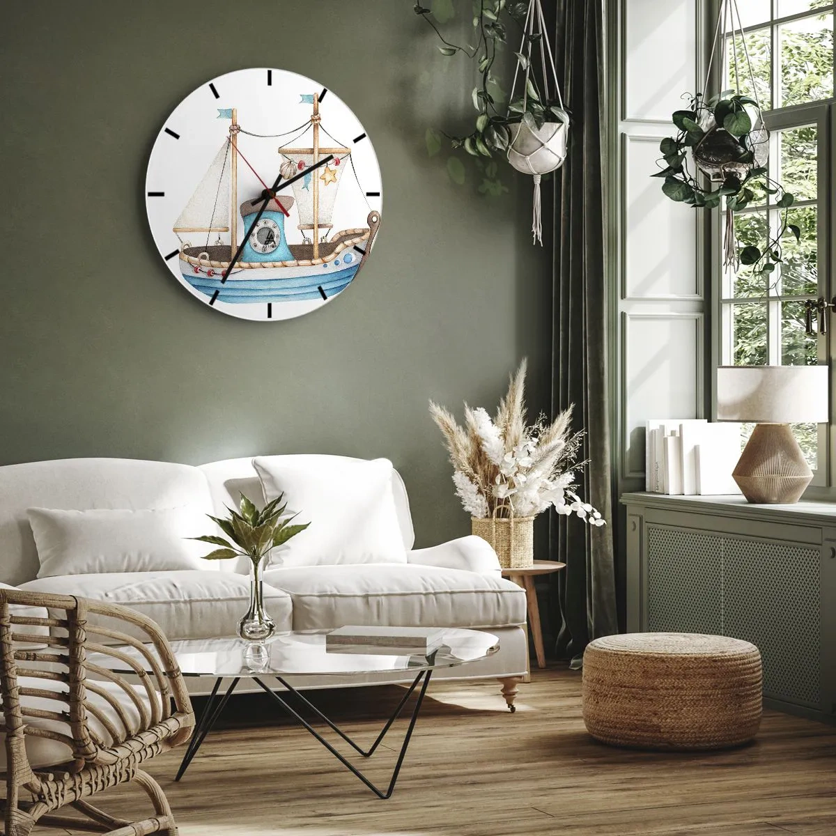 Nástenné hodiny - Ilustrovaná detská plachetnica s námorníckymi dekoráciami - 30x30cm - Ahoj, dobrodružstvo! - Moderná nástenná dekorácia do obývacej izby, kuchyne a spálne ARTTOR