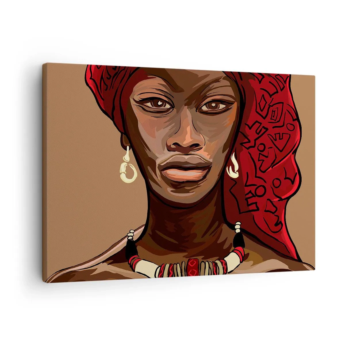 Obraz na plátne - Portrét ženy s červeným turbanom na béžovom pozadí - 70x50cm - Ebenová Venuša - Moderná nástenná dekorácia do obývacej izby a spálne ARTTOR