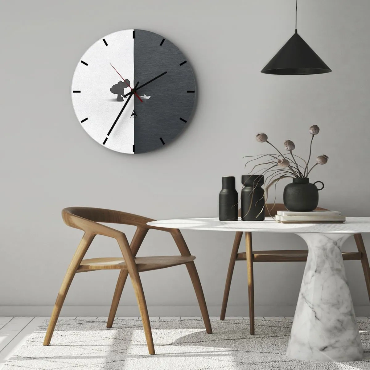 Nástenné hodiny - Silueta dieťaťa s papierovou loďkou na kontrastnom pozadí - 30x30cm - Veľká výprava - Moderná nástenná dekorácia do obývacej izby, kuchyne a spálne ARTTOR