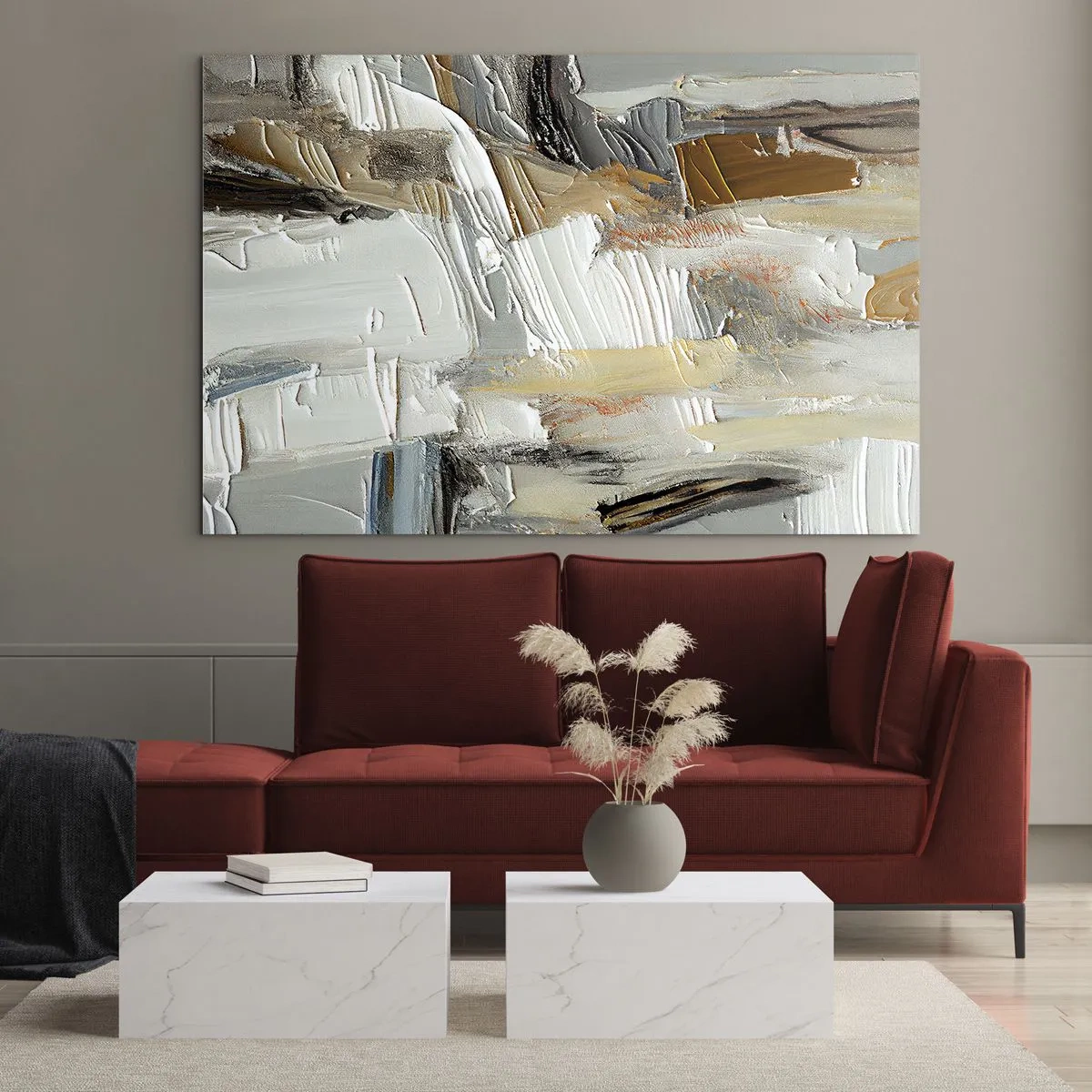 Obraz na skle - Abstraktná kompozícia v zemitých tónoch s výraznou textúrou. - 70x50cm - Farebné nahromadenie - Moderná nástenná dekorácia do obývacej izby a spálne ARTTOR