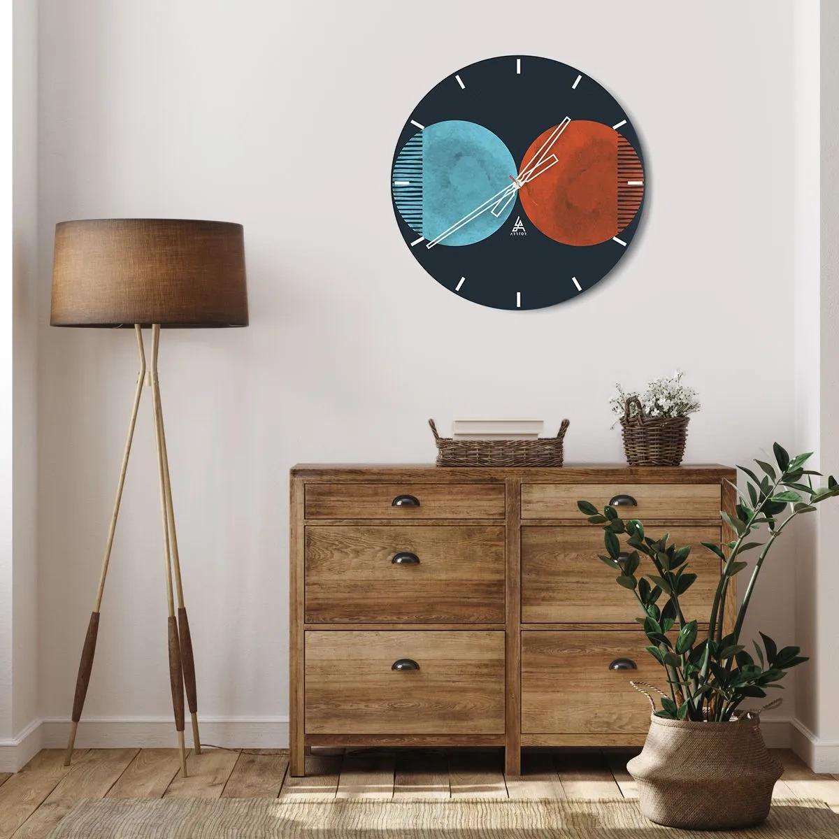 Nástenné hodiny - Kombinácia modrých a červených kruhov s geometrickými čiarami - 30x30cm - Iba geometria? - Moderná nástenná dekorácia do obývacej izby, kuchyne a spálne ARTTOR