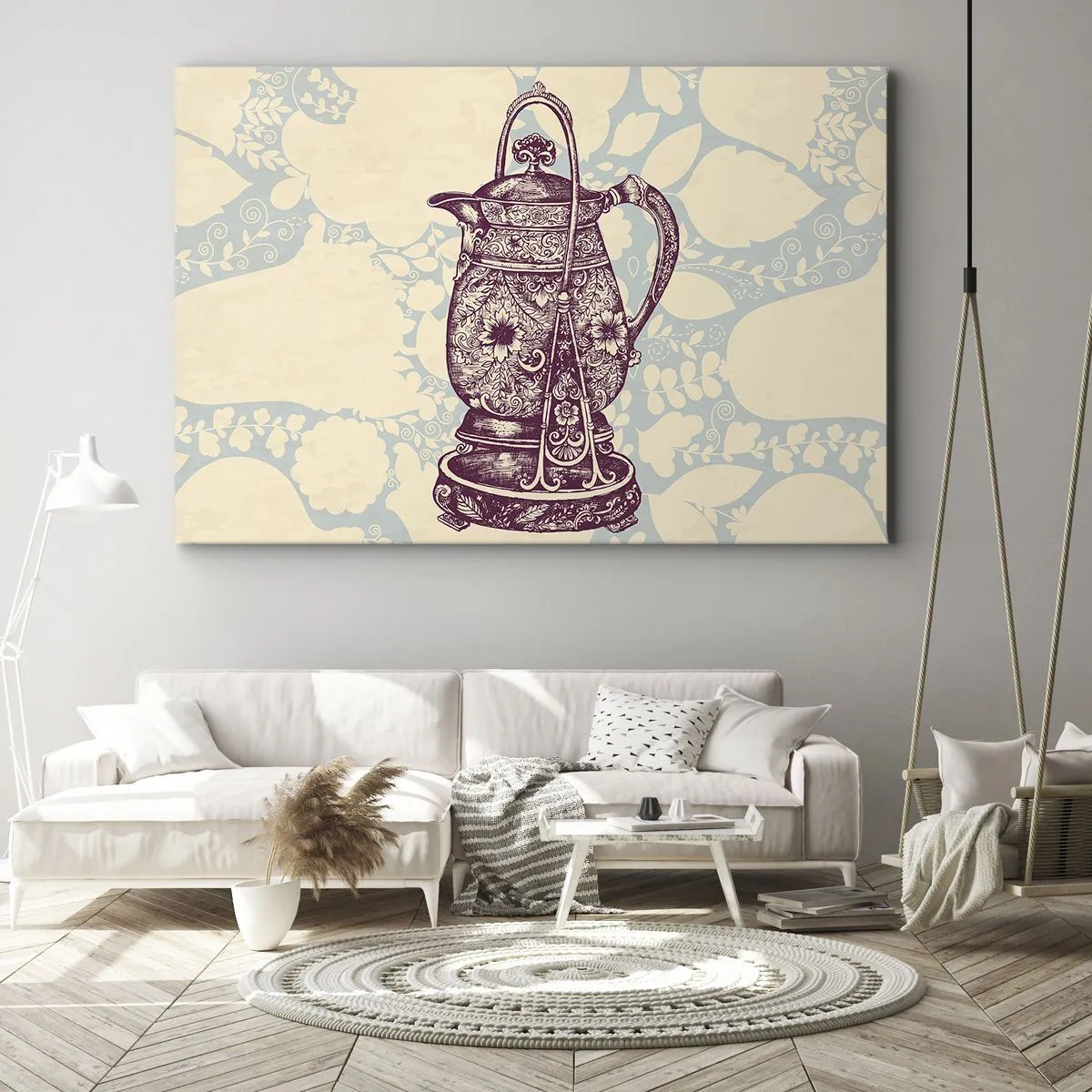 Obraz na plátne - Štylizovaný džbán s ornamentami na kvetinovom pozadí - 70x50cm - Krása všedného dňa - Moderná nástenná dekorácia do obývacej izby a spálne ARTTOR