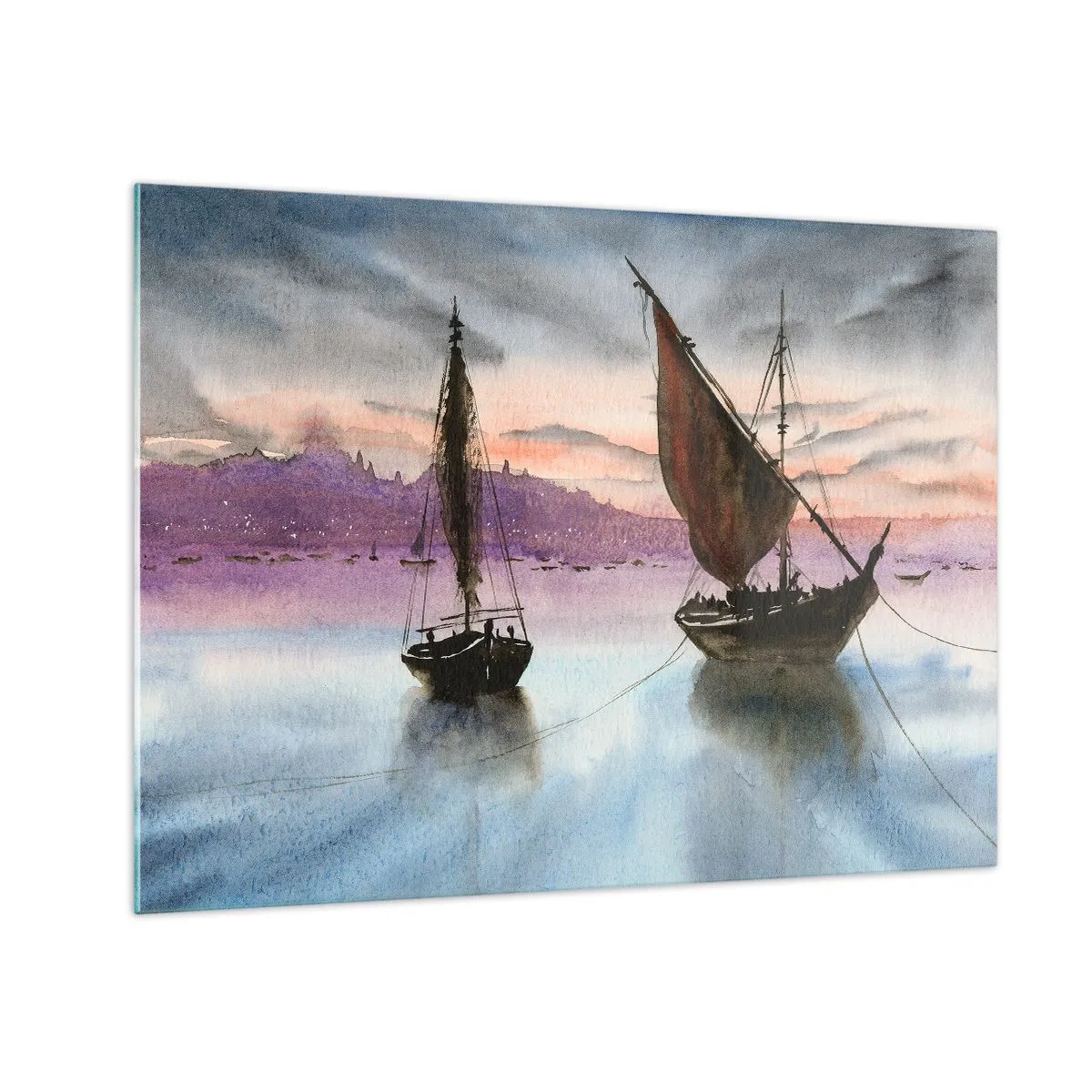 Obraz na skle - Dve plachetnice na pokojnej vode pri západe slnka - 70x50cm - Večer v prístave - Moderná nástenná dekorácia do obývacej izby a spálne ARTTOR