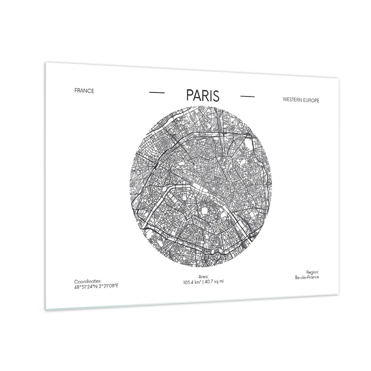 Obraz na skle - Kruhová mapa Paríža v čiernobielej ilustrácii - 70x50cm - Anatómia Paríža - Moderná nástenná dekorácia do obývacej izby a spálne ARTTOR