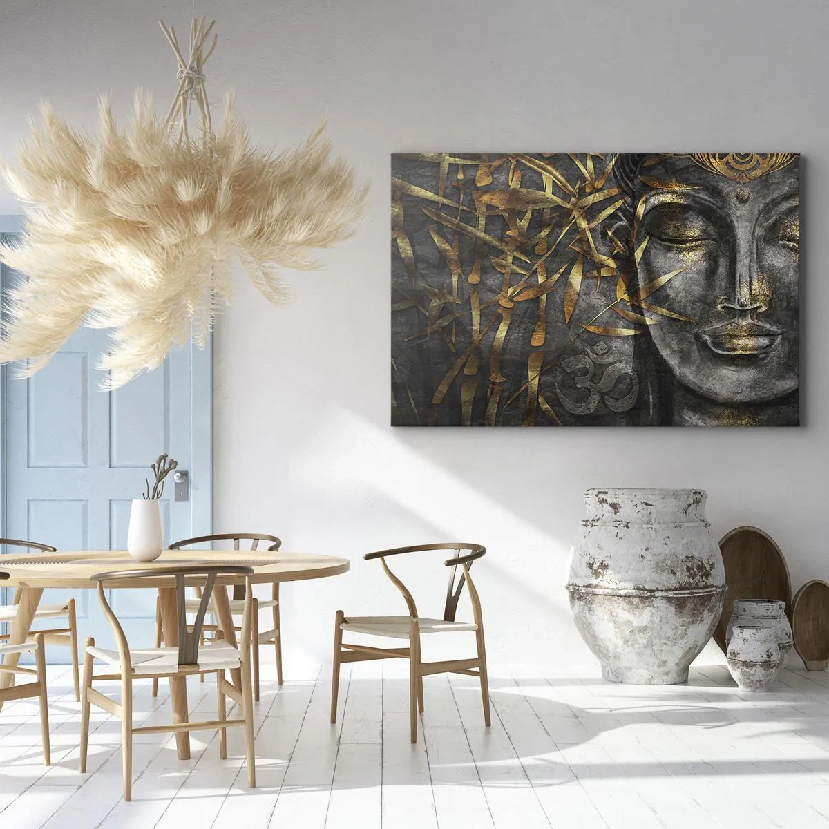 Obraz na plátne - Zen Budha obraz so zlatými bambusmi - 70x50cm - Pocíťte pokoj - Moderná nástenná dekorácia do obývacej izby a spálne ARTTOR