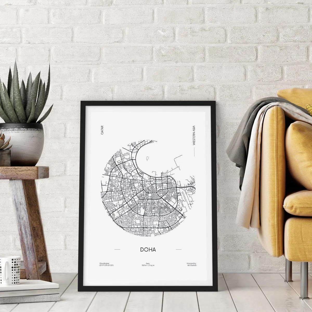 Plagát v čiernom ráme - Minimalistická čiernobiela mapa Dauhy - 50x70cm - Anatómia Dauhy - Moderná nástenná dekorácia do obývacej izby a spálne ARTTOR