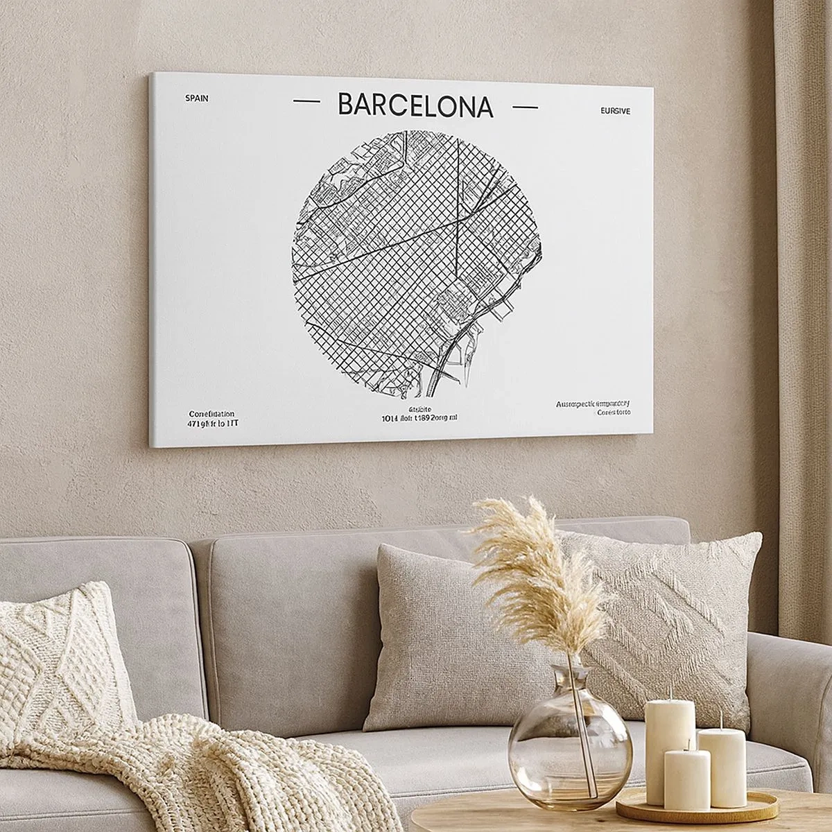 Obraz na plátne - Mapa Barcelony v minimalistickom čiernobielom štýle - 70x50cm - Anatómia Barcelony - Moderná nástenná dekorácia do obývacej izby a spálne ARTTOR