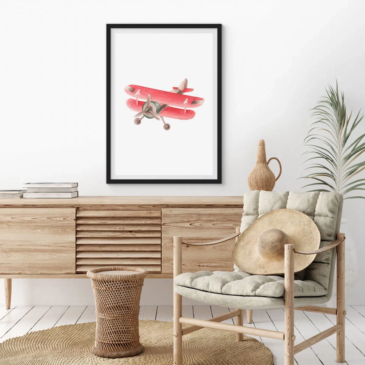Plagát v čiernom ráme - Očarujúci červený retro dvojplošník - 50x70cm - Pripravený na vysoký let - Moderná nástenná dekorácia do obývacej izby a spálne ARTTOR