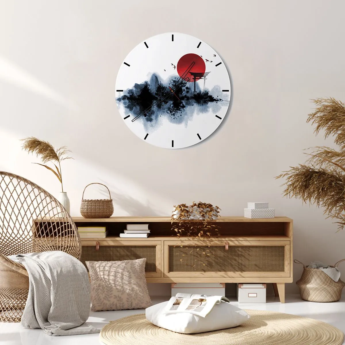 Nástenné hodiny - Červená slnečná guľa a brána torii v japonskom štýle nad vodou - 30x30cm - Japonský pohľad - Moderná nástenná dekorácia do obývacej izby, kuchyne a spálne ARTTOR