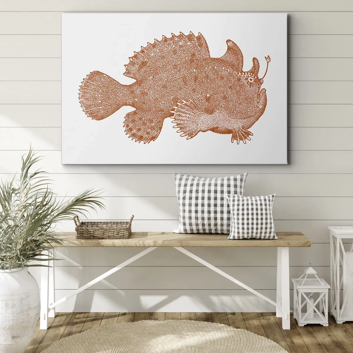 Obraz na plátne - Detailná kresba medenej ryby na bielom pozadí - 70x50cm - A nakoniec ryba - Moderná nástenná dekorácia do obývacej izby a spálne ARTTOR