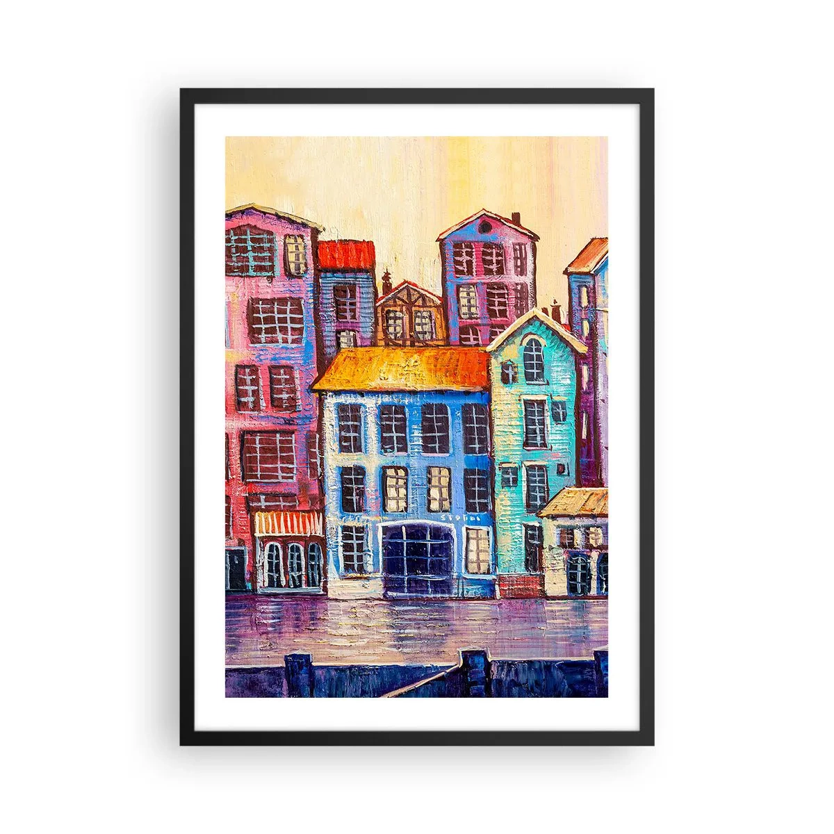 Plagát v čiernom ráme - Farebné činžiakové domy pri vode v maliarskom štýle - 50x70cm - Mesto ako z rozprávky - Moderná nástenná dekorácia do obývacej izby a spálne ARTTOR
