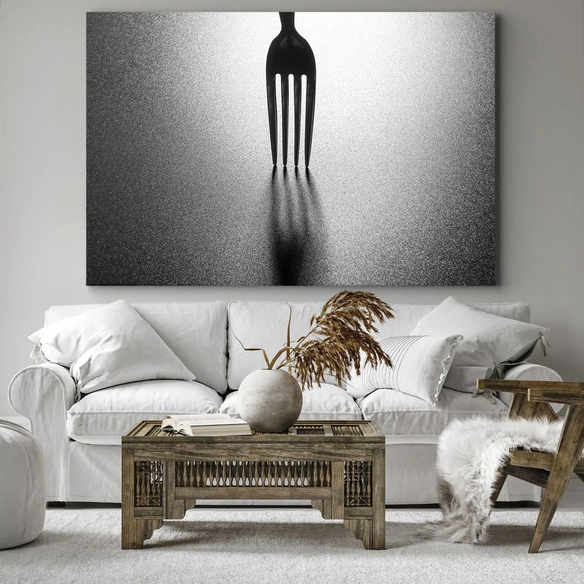 Obraz na plátne - Minimalistické spracovanie vidličky v čiernobielej farbe s hrou tieňov. - 70x50cm - Svetlo a tieň - Moderná nástenná dekorácia do obývacej izby a spálne ARTTOR
