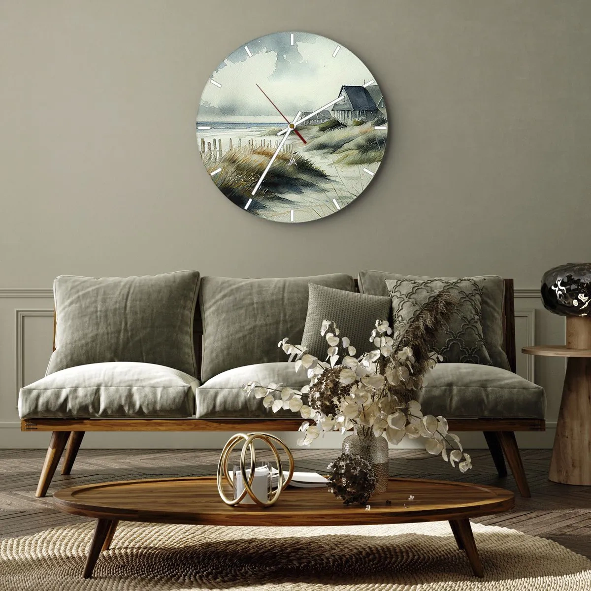 Nástenné hodiny - Domy v štýle akvarelu na dunách na pokojnom pobreží - 30x30cm - Ďaleko od zhonu - Moderná nástenná dekorácia do obývacej izby, kuchyne a spálne ARTTOR